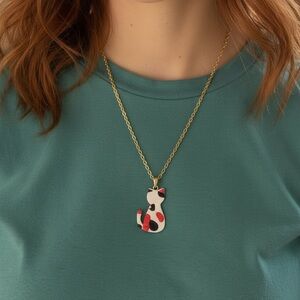 Handmade Calico Cat Pendant Charm Necklace - 18 Inch, Gold Plated Chain